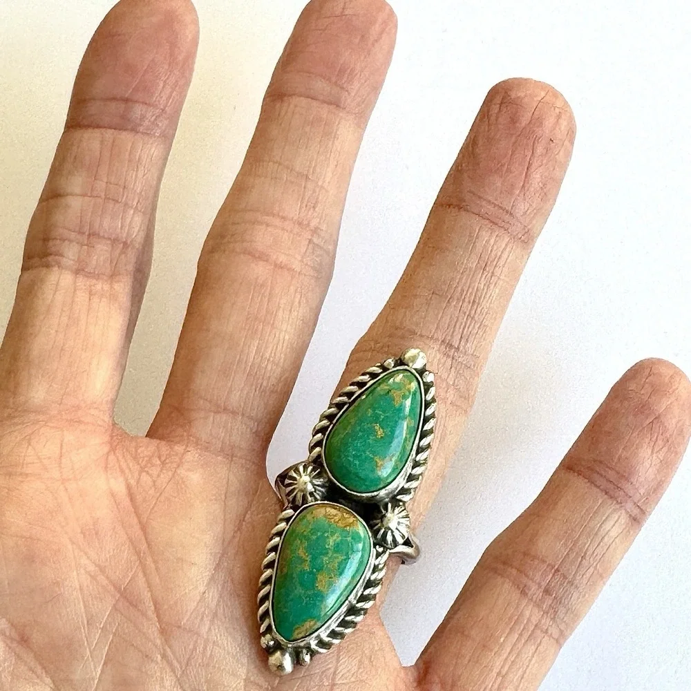 Navajo Turquoise‎ Ring Two Stone Size 8.5 Signed Shakey Long Sterling